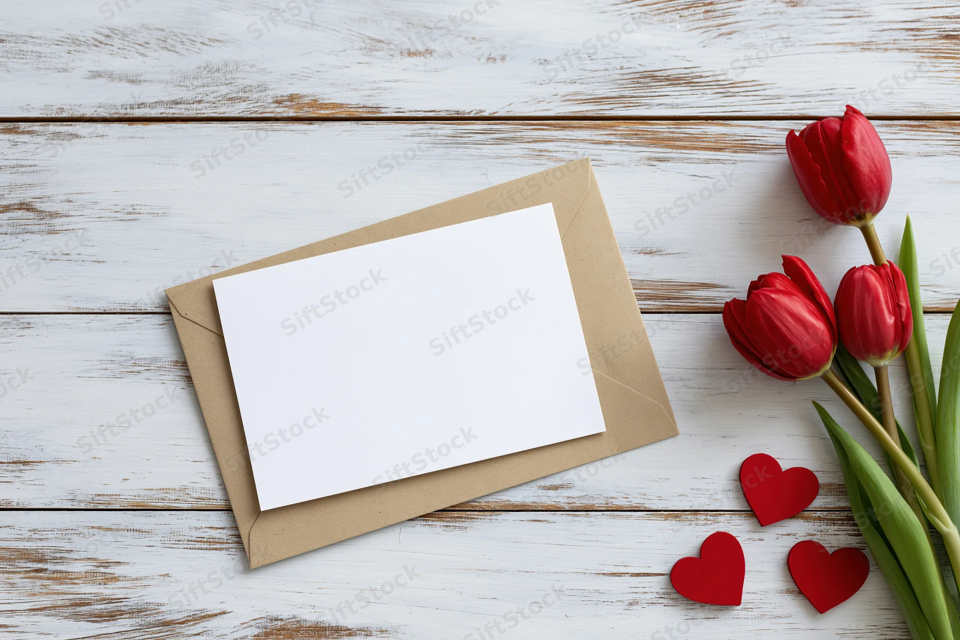 Blank white card on kraft envelope with red tulips and paper hearts on whitewashed wood surface