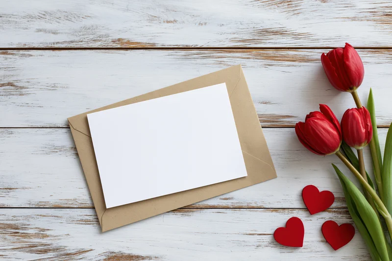 Blank white card on kraft envelope with red tulips and paper hearts on whitewashed wood surface