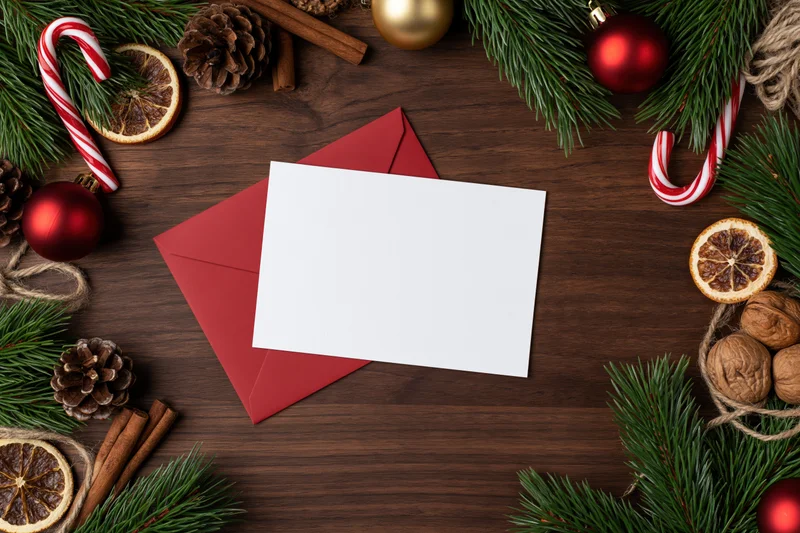 Blank white greeting card on red envelope surrounded by christmas decorations on wooden surface
