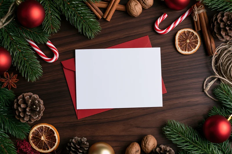 Blank white greeting card on red envelope surrounded by christmas decorations on wooden surface