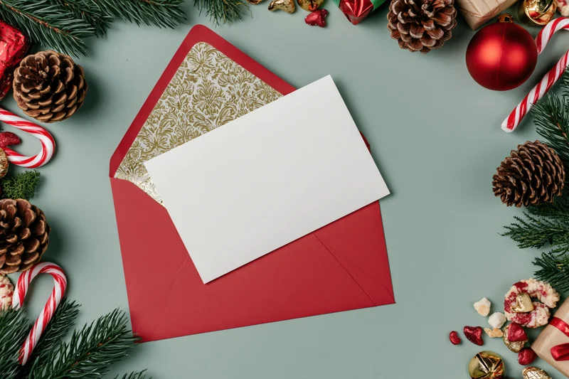 Blank white greeting card in open red envelope surrounded by christmas decorations on flat surface
