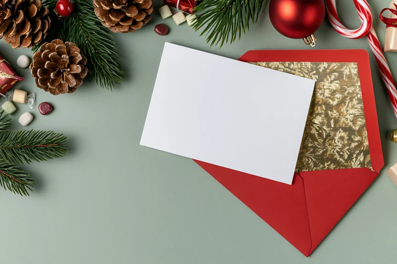 Blank white greeting card on open red envelope with gold foil lining surrounded by christmas decorations on green surface