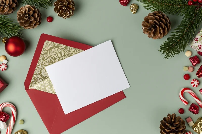 Blank white greeting card on open red envelope surrounded by christmas decorations on green surface