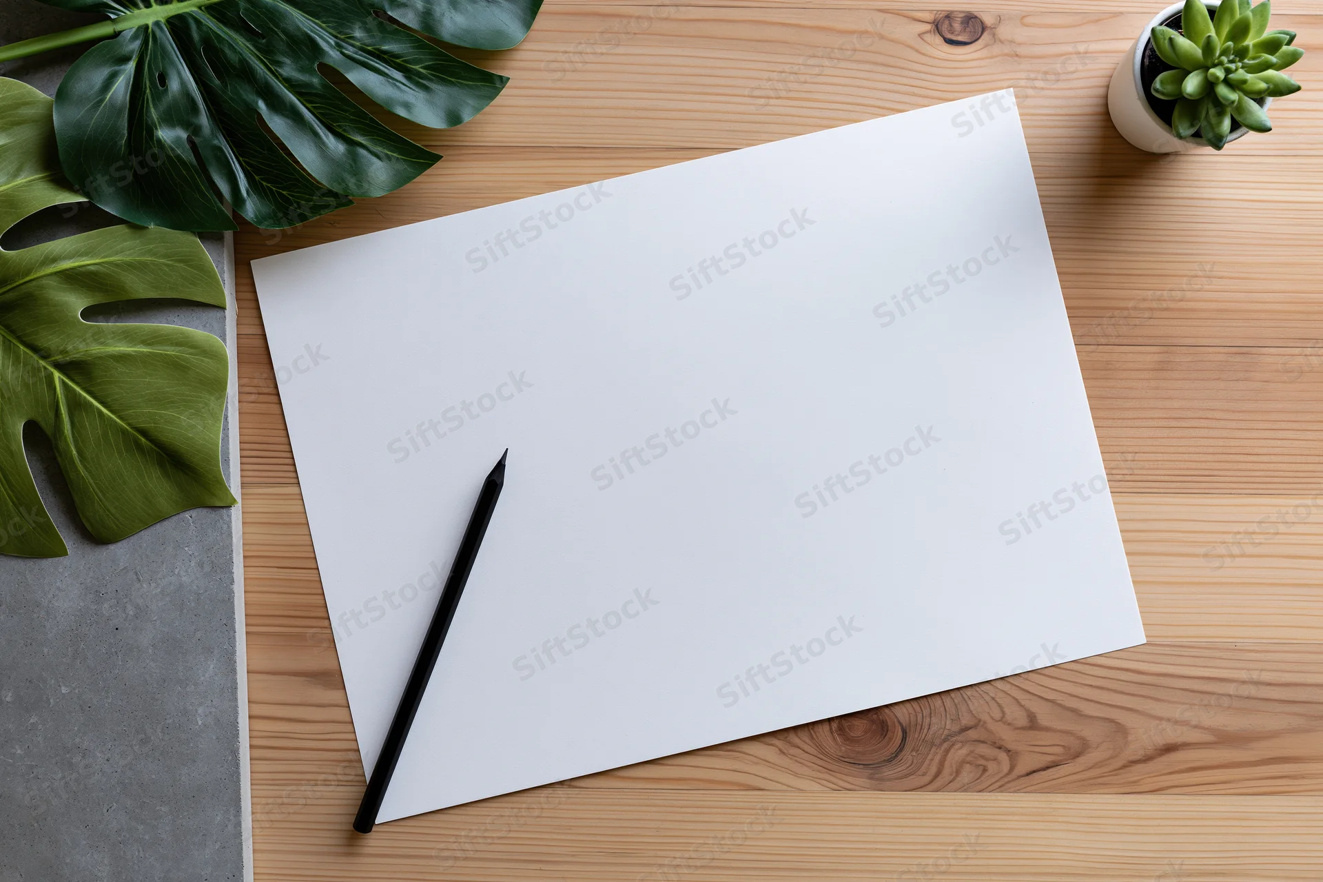 Blank white paper with black pencil on wooden desk beside monstera leaves and potted succulent