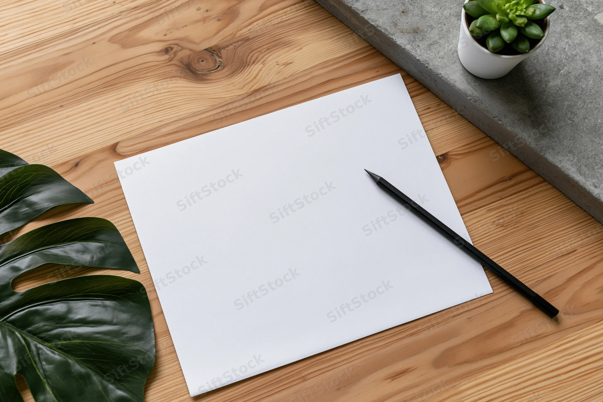 Blank white paper with pencil on wooden desk beside monstera leaf and potted succulent