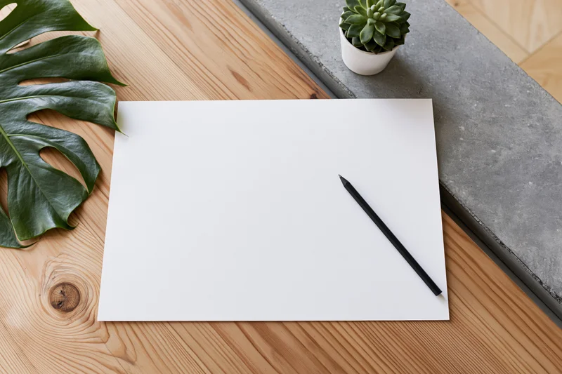 Blank white paper with black pencil on wooden desk beside monstera leaf and potted succulent