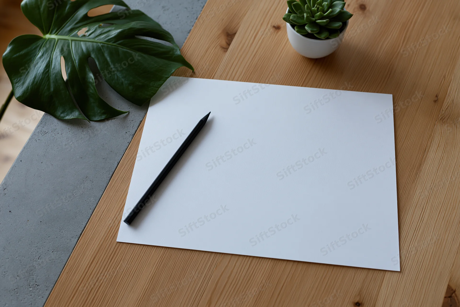 Blank white paper with black pencil on wooden desk beside monstera leaf and potted succulent