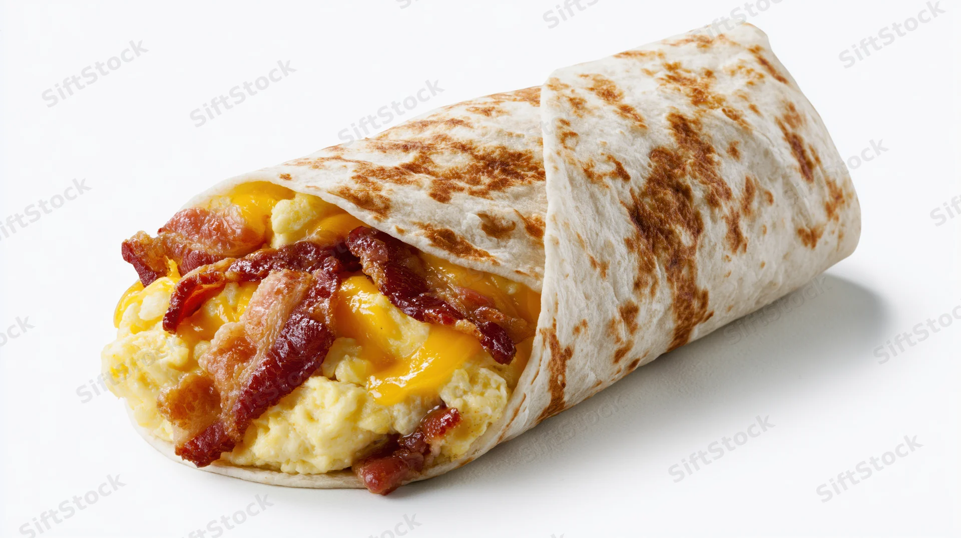 Breakfast burrito filled with scrambled eggs, crispy bacon, and melted cheese, wrapped in a tortilla, isolated on white background