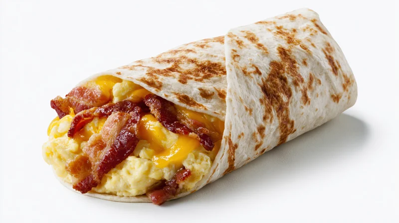 Breakfast burrito filled with scrambled eggs, crispy bacon, and melted cheese, wrapped in a tortilla, isolated on white background