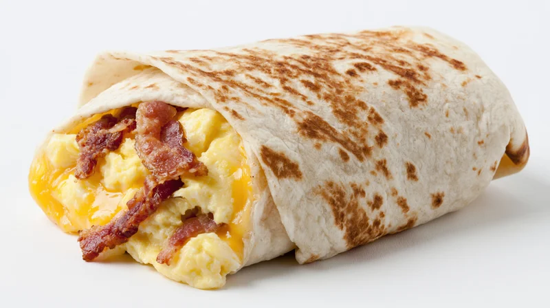 Breakfast burrito filled with scrambled eggs, crispy bacon and melted cheese, wrapped in a toasted tortilla, isolated on white background