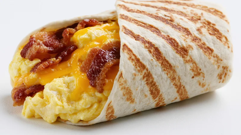Breakfast burrito filled with scrambled eggs, crispy bacon, and melted cheese, wrapped in a grilled tortilla, isolated on white