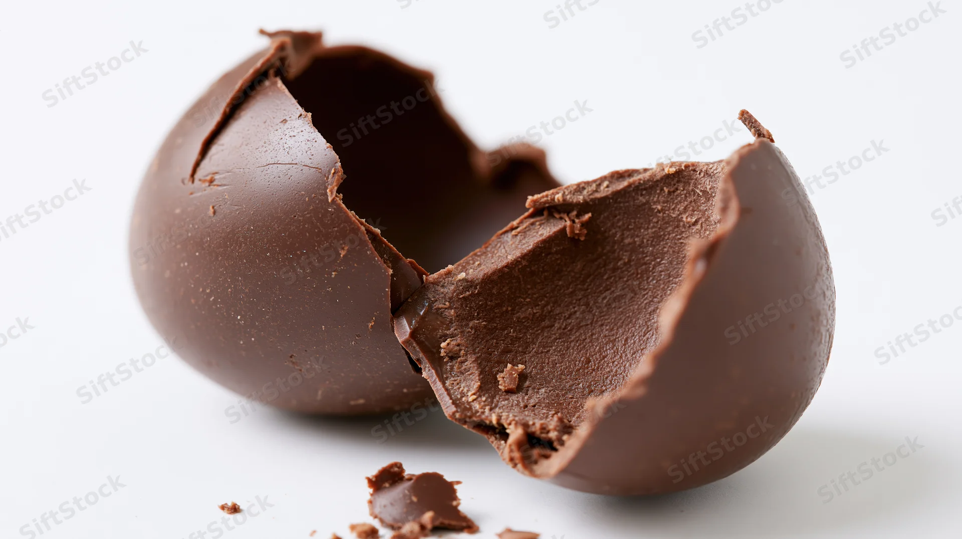 Broken milk chocolate easter egg split into two jagged halves on white background