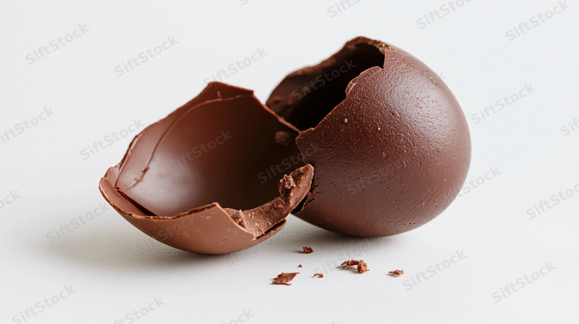 Broken hollow milk chocolate easter egg split into two jagged pieces on white background