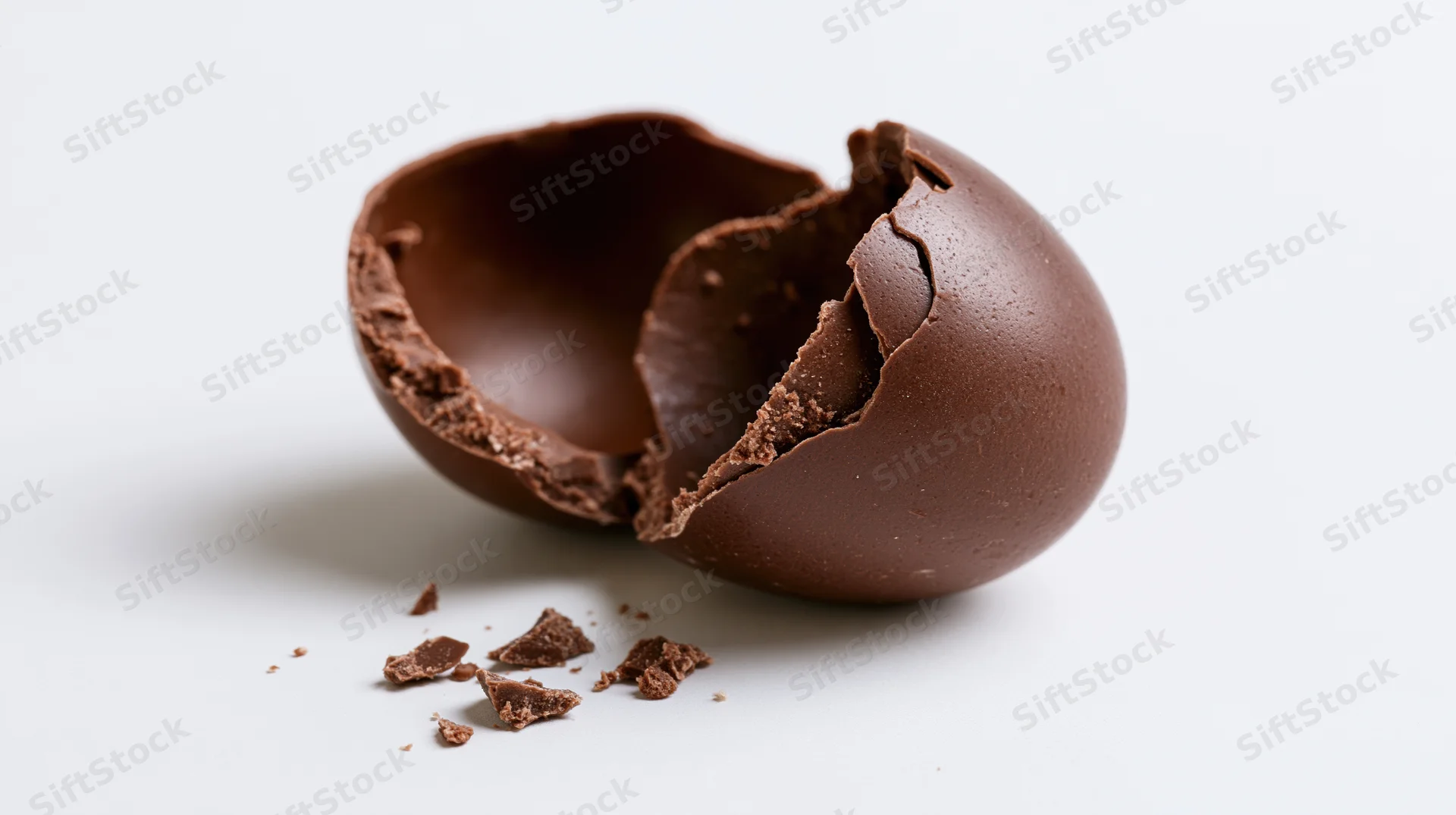 Broken hollow milk chocolate easter egg split into two jagged pieces on white background