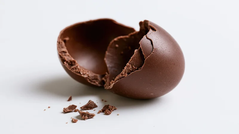 Broken hollow milk chocolate easter egg split into two jagged pieces on white background