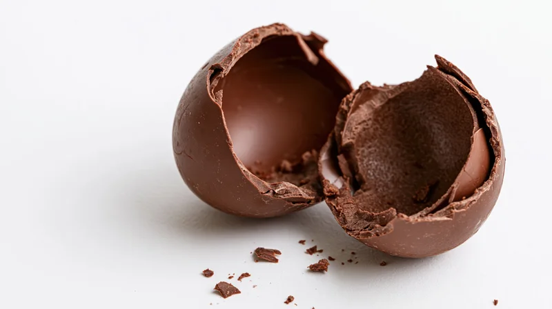 Broken hollow milk chocolate easter egg split into two jagged halves on white background