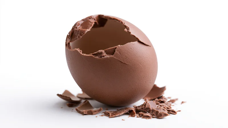 Broken hollow milk chocolate easter egg with jagged cracks and scattered pieces on white background