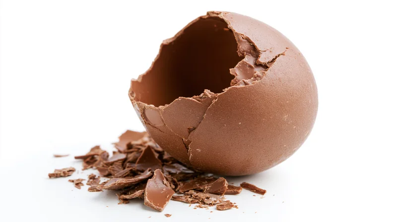 Broken hollow milk chocolate easter egg with jagged cracks and scattered pieces on white background