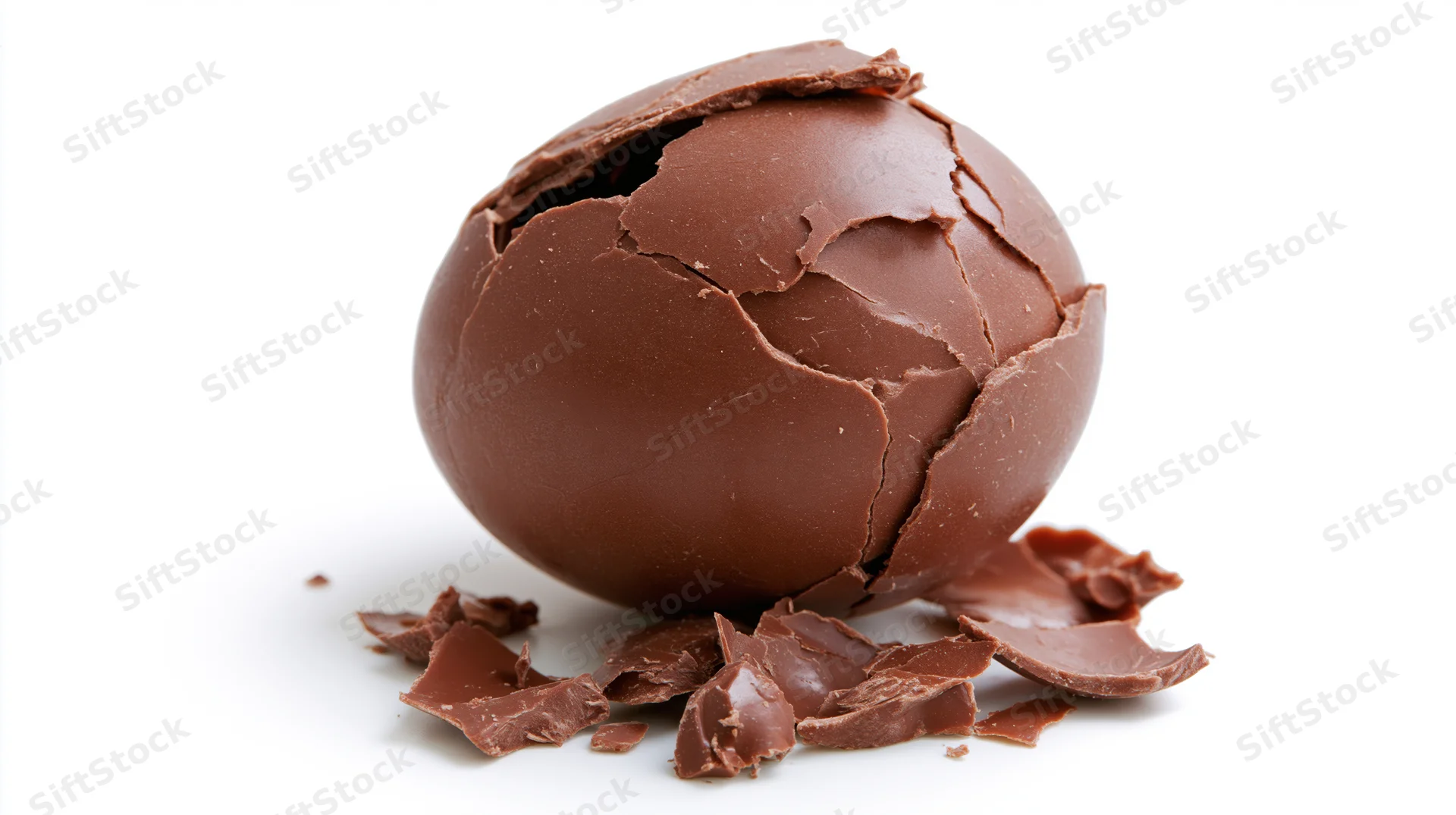 Broken hollow milk chocolate easter egg with jagged cracks and scattered pieces on white background