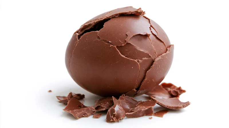 Broken hollow milk chocolate easter egg with jagged cracks and scattered pieces on white background