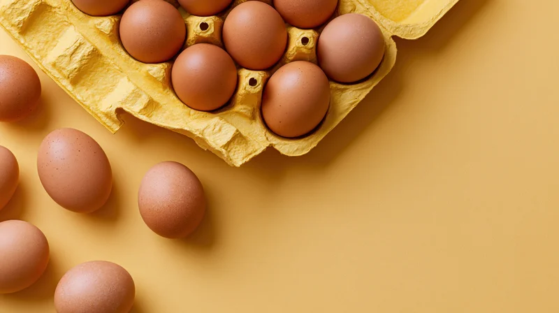 Brown chicken eggs in open yellow cardboard carton with scattered eggs on yellow surface