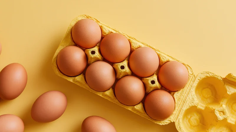 Brown chicken eggs in an open yellow cardboard carton with scattered eggs on a yellow surface