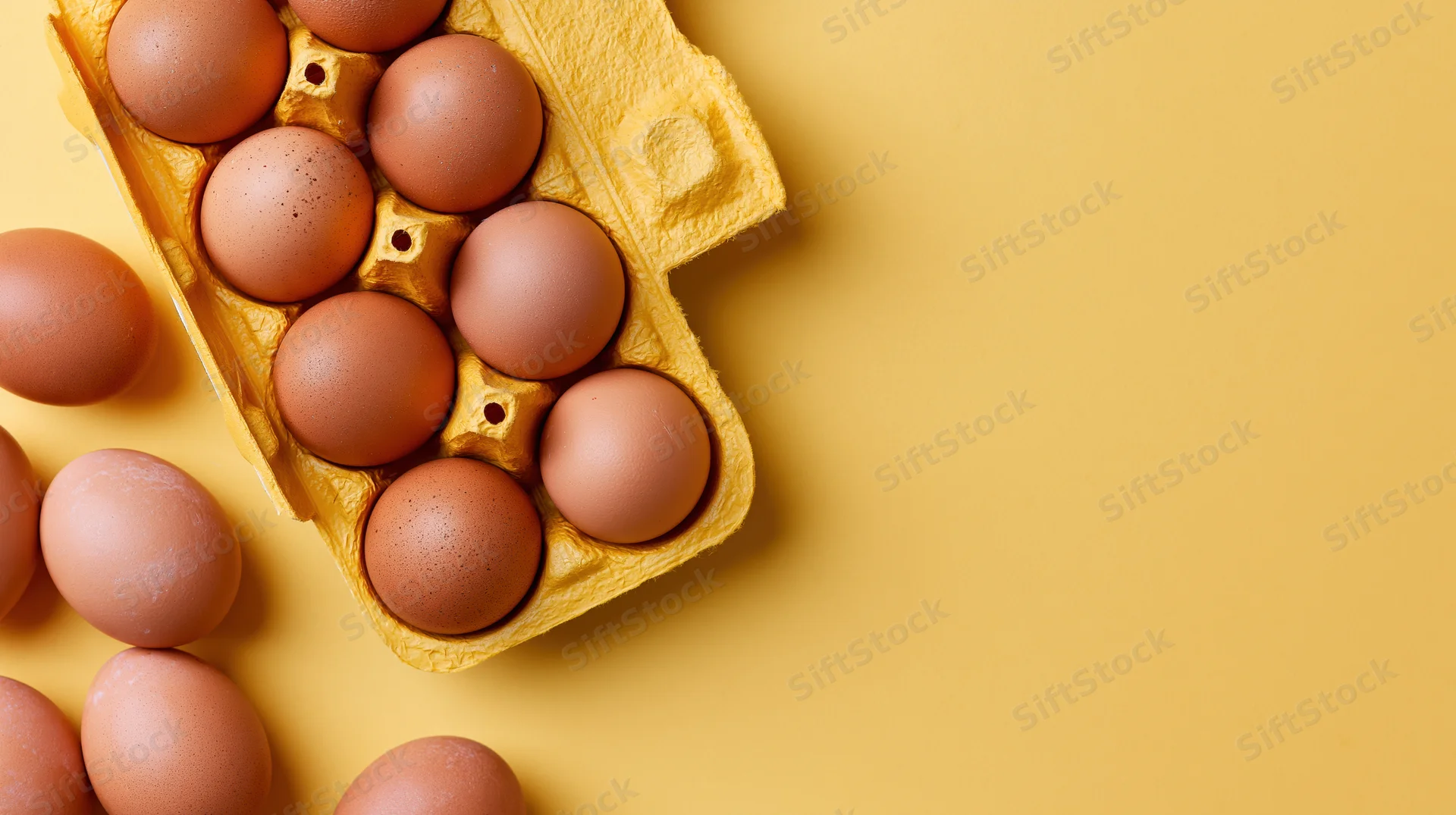 Brown chicken eggs in an open yellow cardboard carton on a yellow surface with scattered eggs and copyspace