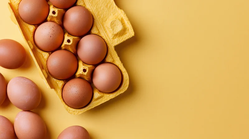 Brown chicken eggs in an open yellow cardboard carton on a yellow surface with scattered eggs and copyspace