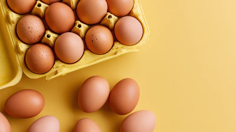 Brown chicken eggs in an open yellow cardboard carton with some scattered on a yellow surface