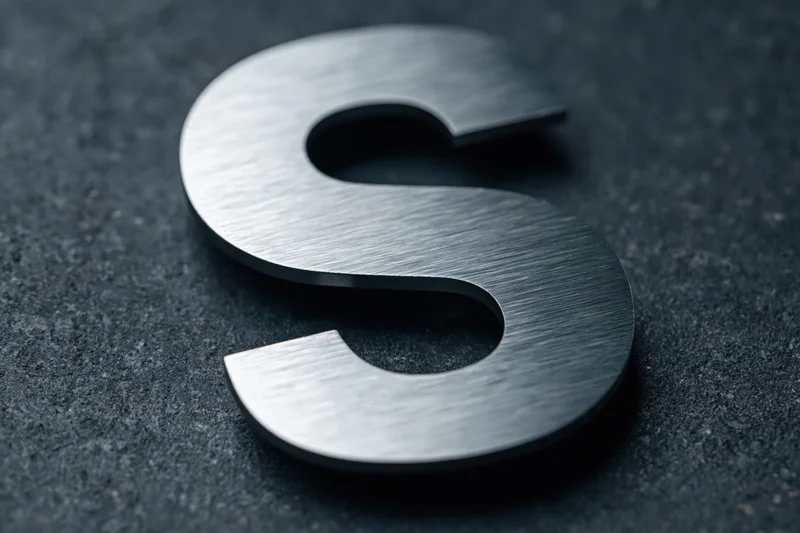 Brushed stainless steel letter s mounted flat on dark textured surface