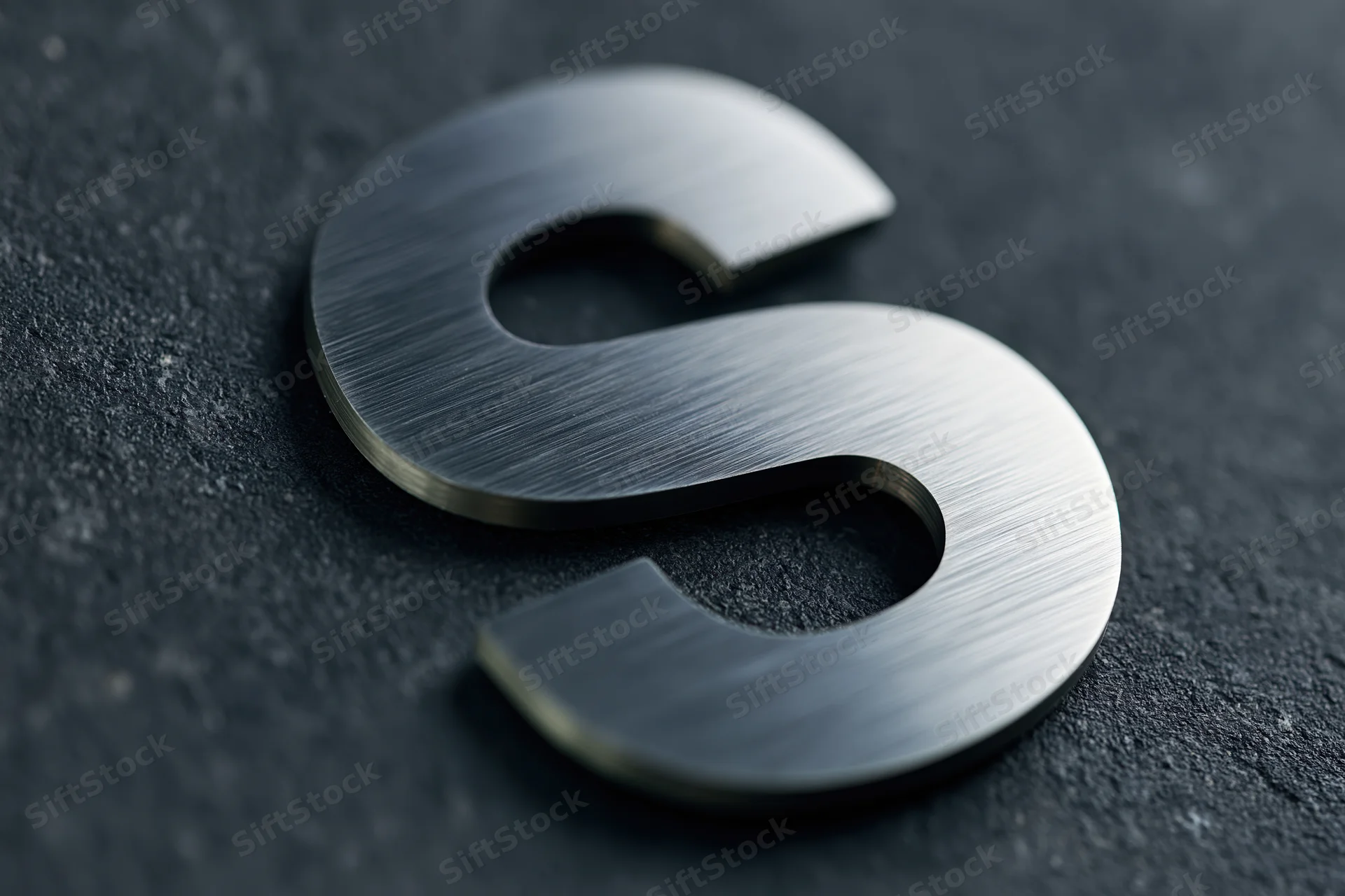 Brushed stainless steel letter s mounted flat on dark textured surface