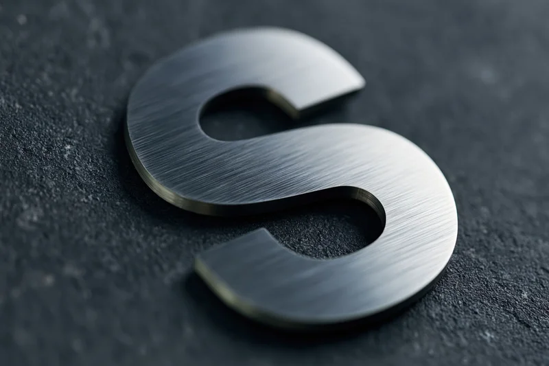 Brushed stainless steel letter s mounted flat on dark textured surface