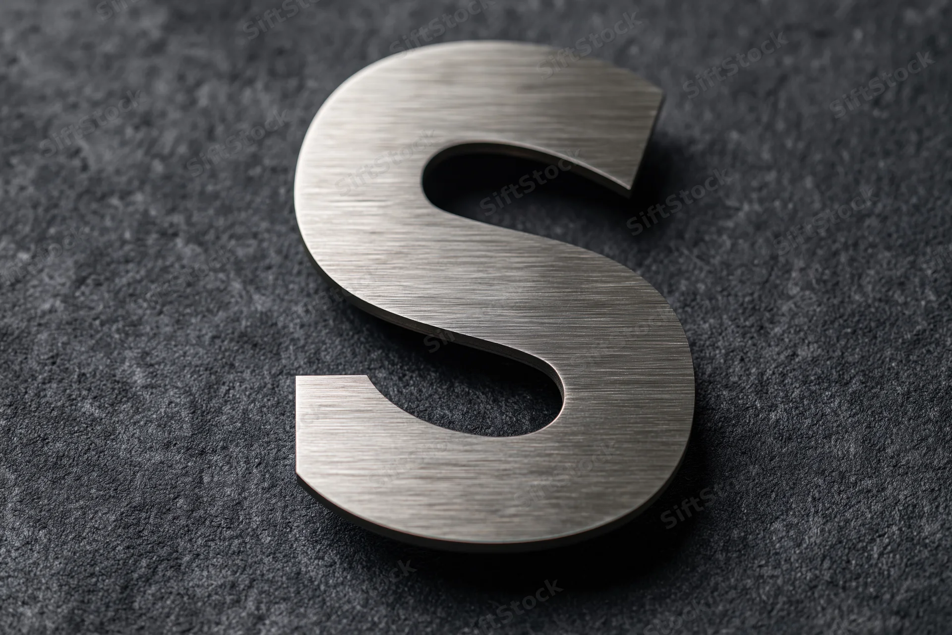 Brushed stainless steel letter s on dark textured surface