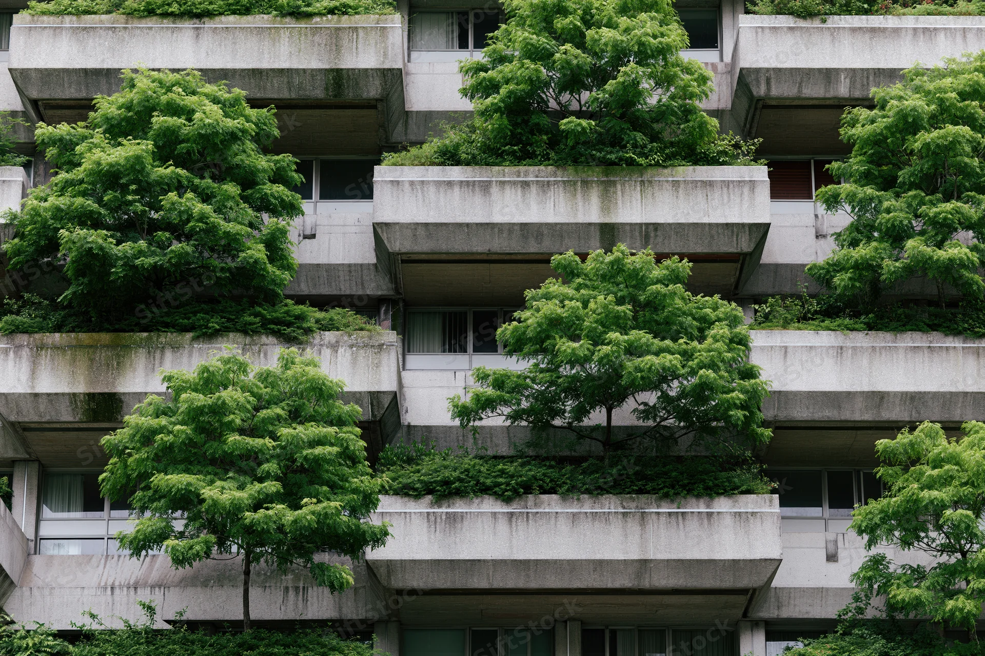 Brutalist concrete apartment building facade with lush green trees growing on balconies in an urban setting