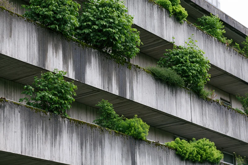 Brutalist concrete apartment building facade with lush greenery growing on balconies