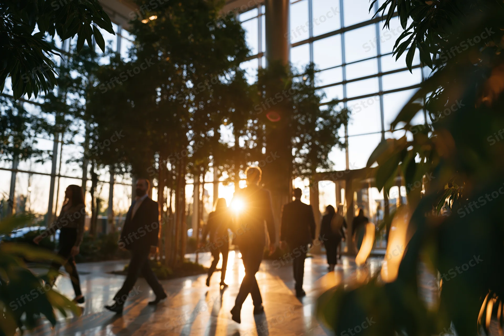 Business professionals walking through a sunlit corporate atrium with trees and glass walls