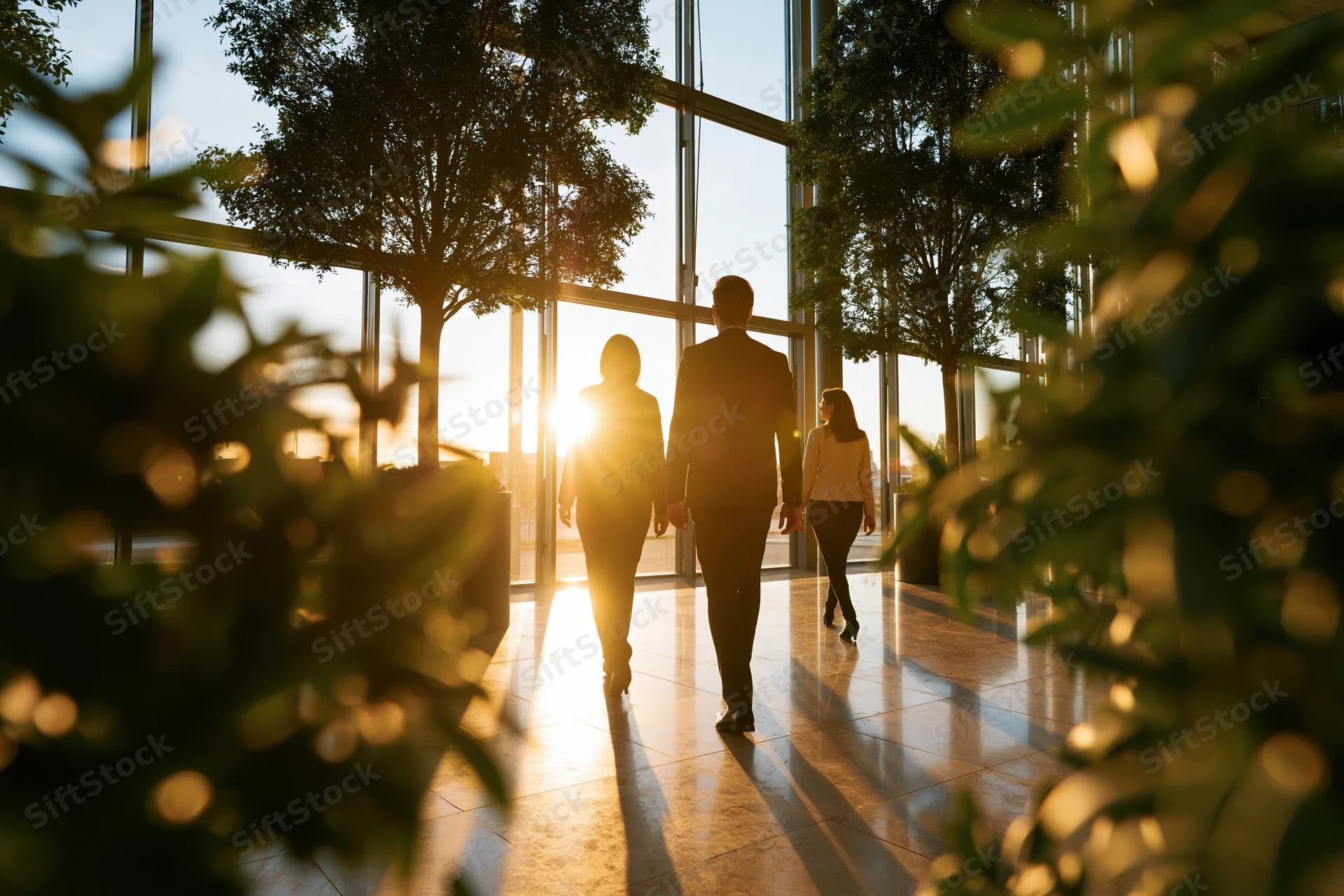 Business professionals walking through a sunlit corporate atrium at sunset