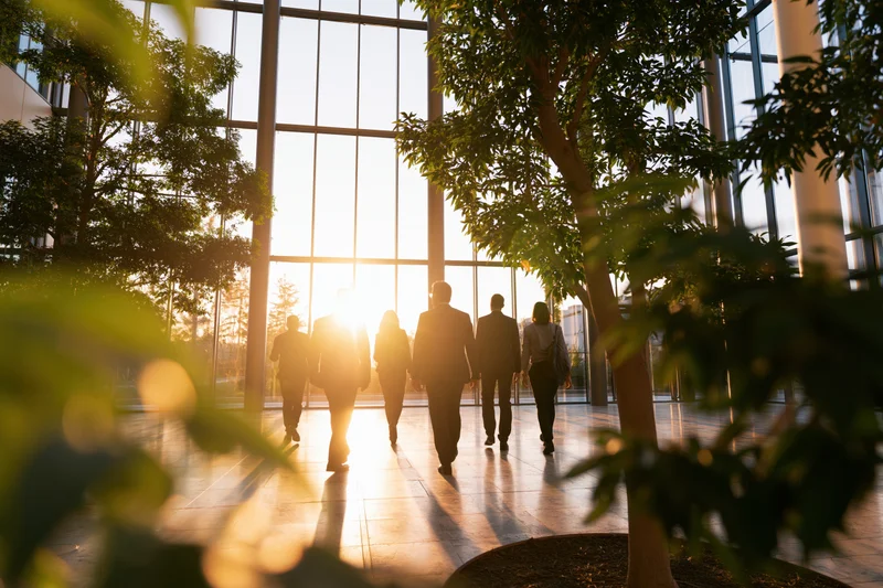 Business professionals walking through a sunlit corporate atrium with trees and glass walls