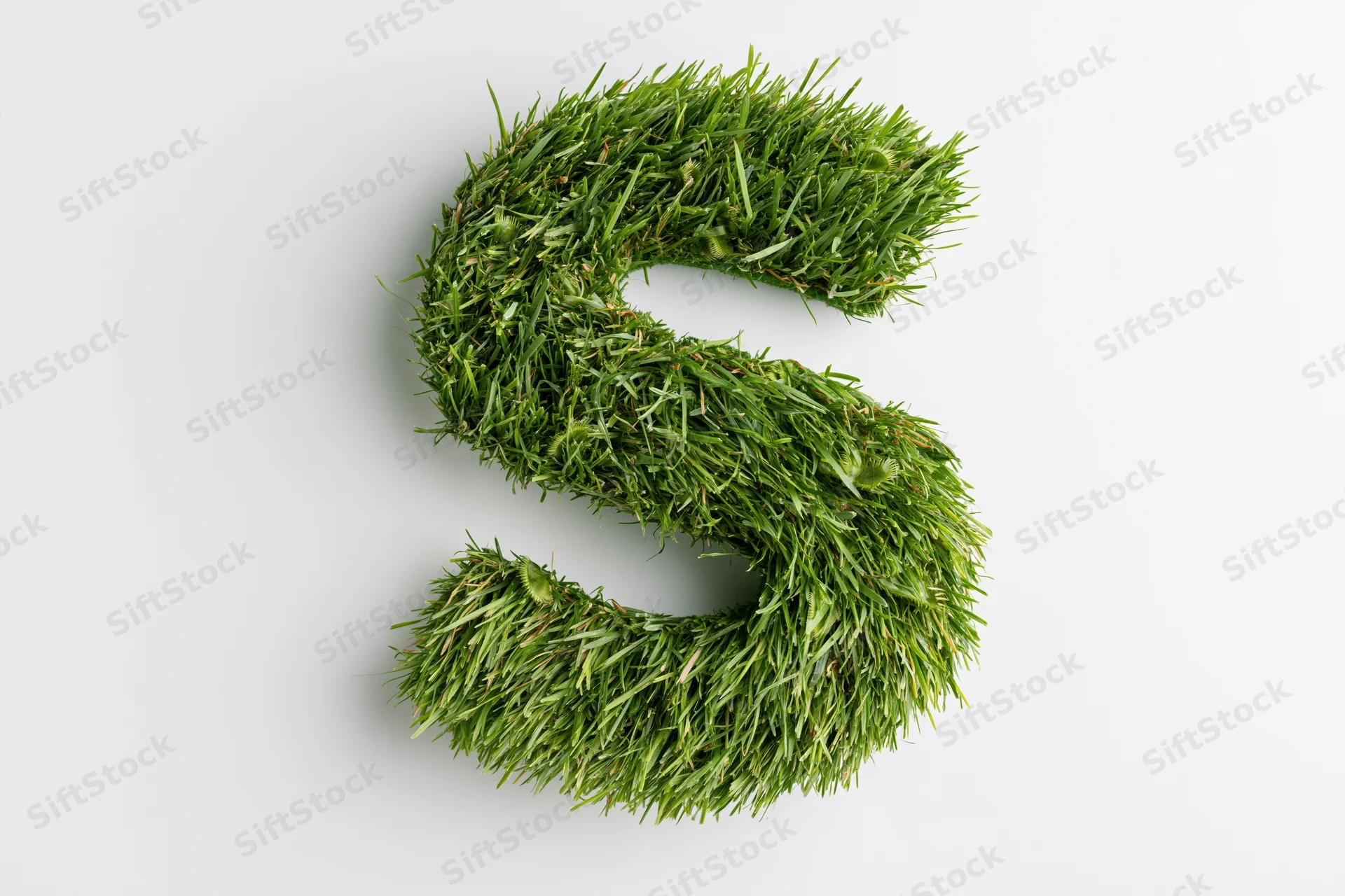 Capital letter s formed from dense green grass on white background