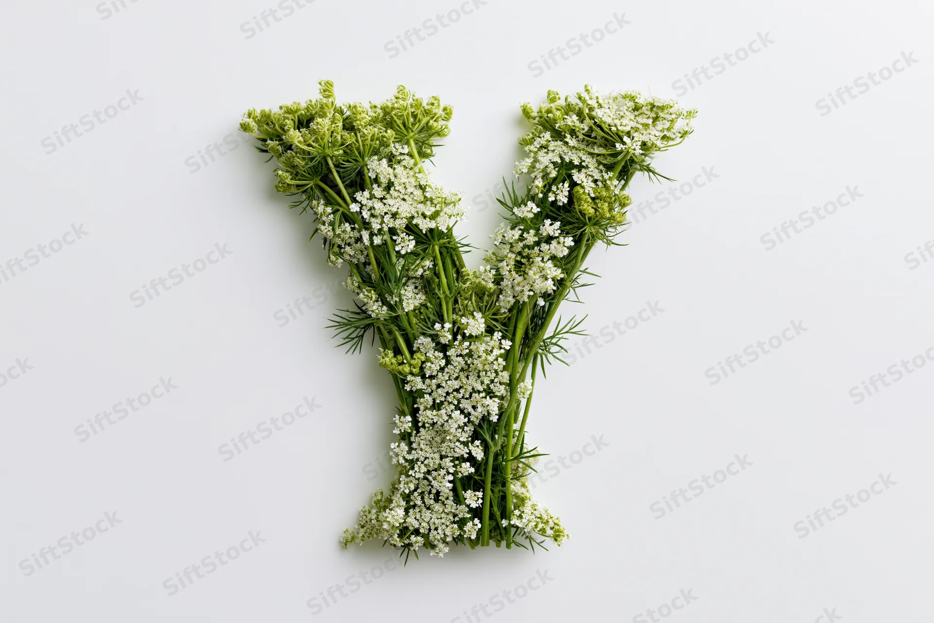 Letter y formed from fresh yarrow flowers and green stems on white background