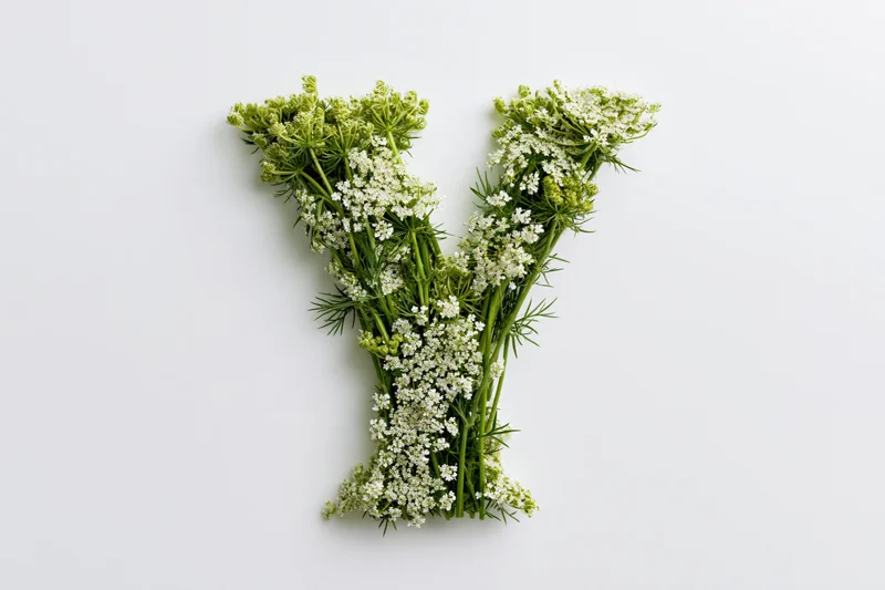 Letter y formed from fresh yarrow flowers and green stems on white background