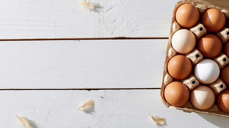 Brown and white chicken eggs in a cardboard carton on a white wooden surface with scattered feathers