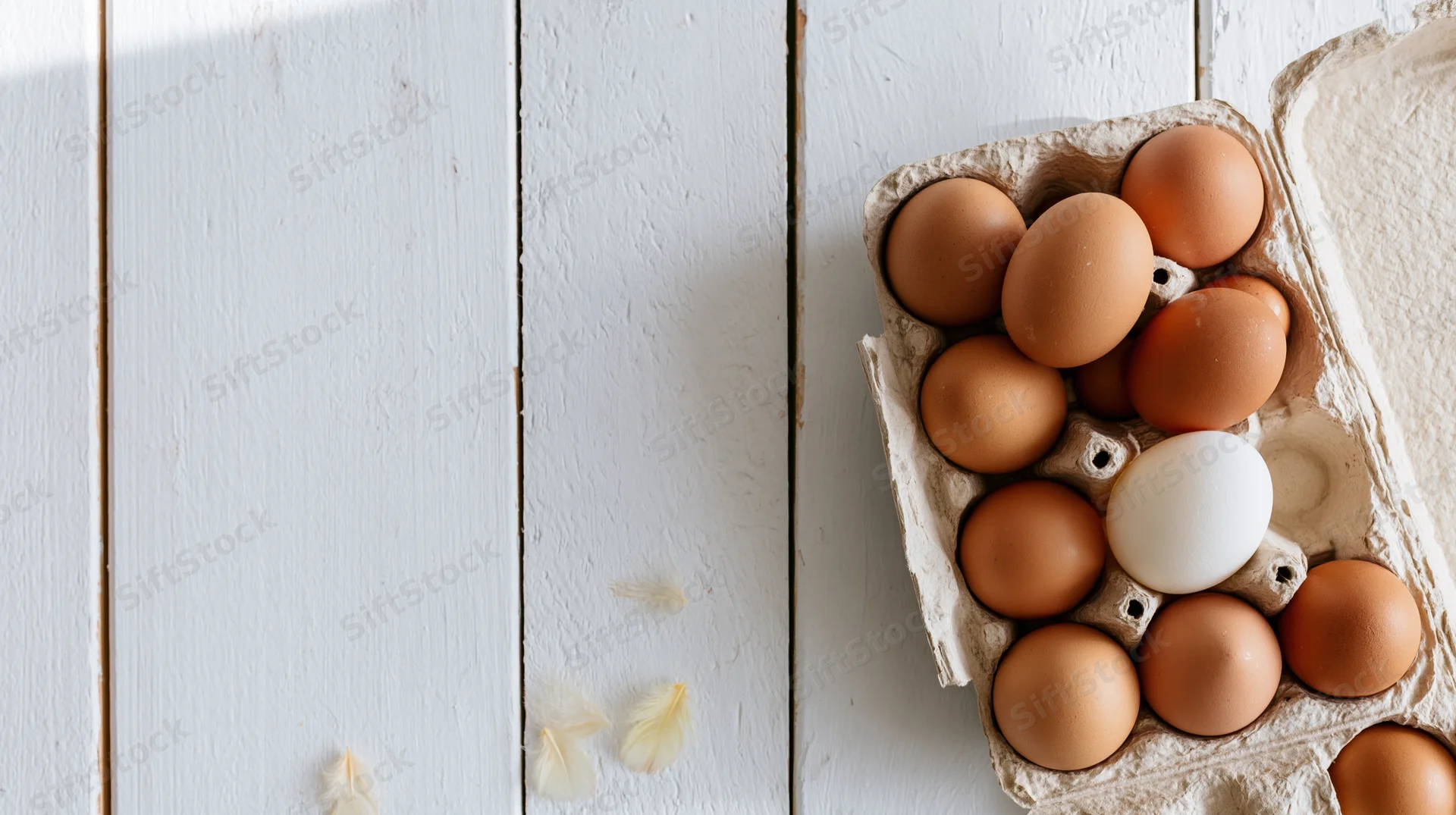 Brown and white chicken eggs in an open cardboard carton on a white wooden surface with scattered feathers