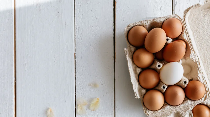 Brown and white chicken eggs in an open cardboard carton on a white wooden surface with scattered feathers
