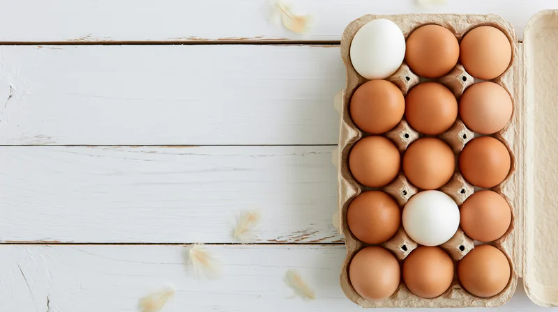 Open cardboard egg carton with brown and white eggs on white wooden surface