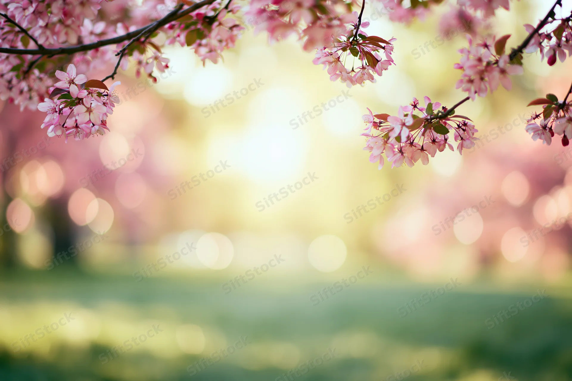 Cherry blossom branches framing a sunlit park in spring