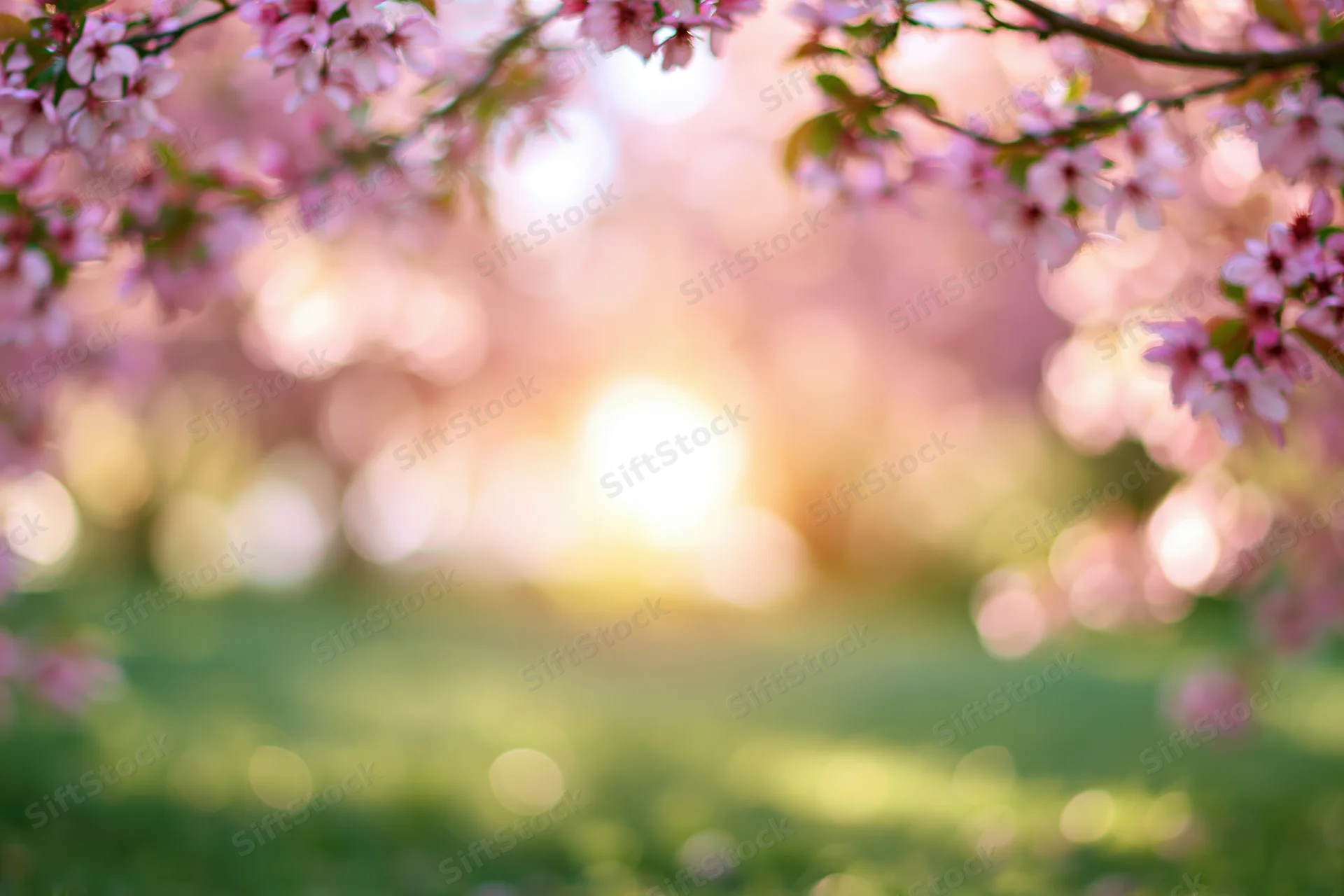Cherry blossom branches framing a sunlit green field in spring