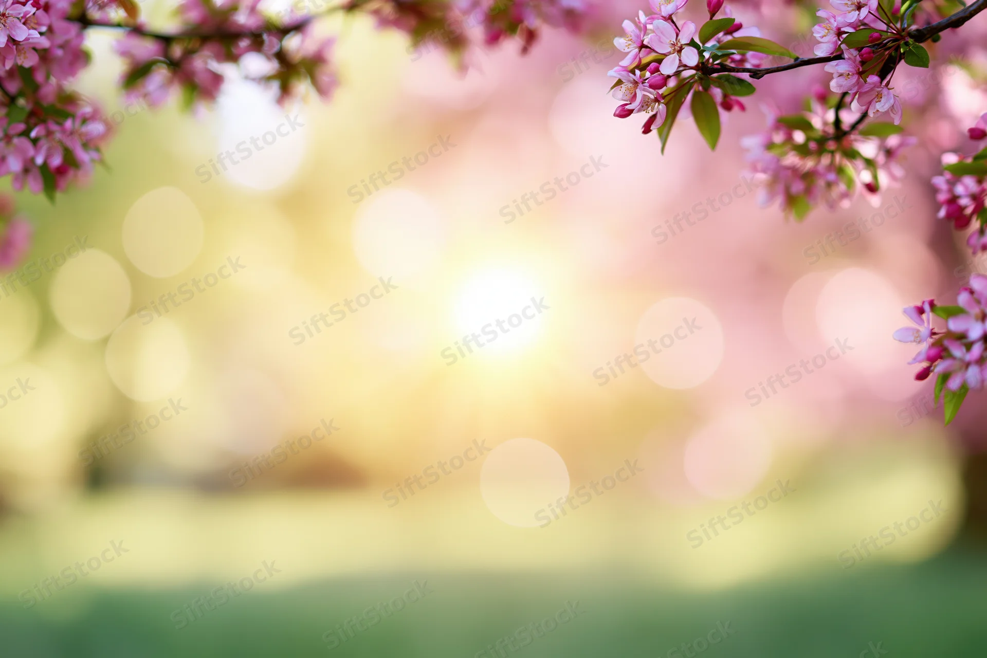 Cherry blossom branches framing a soft-focus spring garden with sunlight and bokeh background
