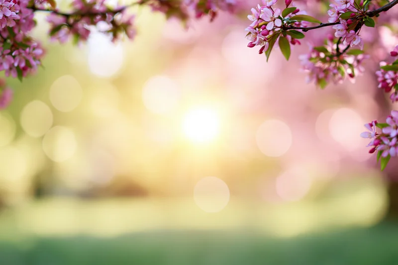 Cherry blossom branches framing a soft-focus spring garden with sunlight and bokeh background