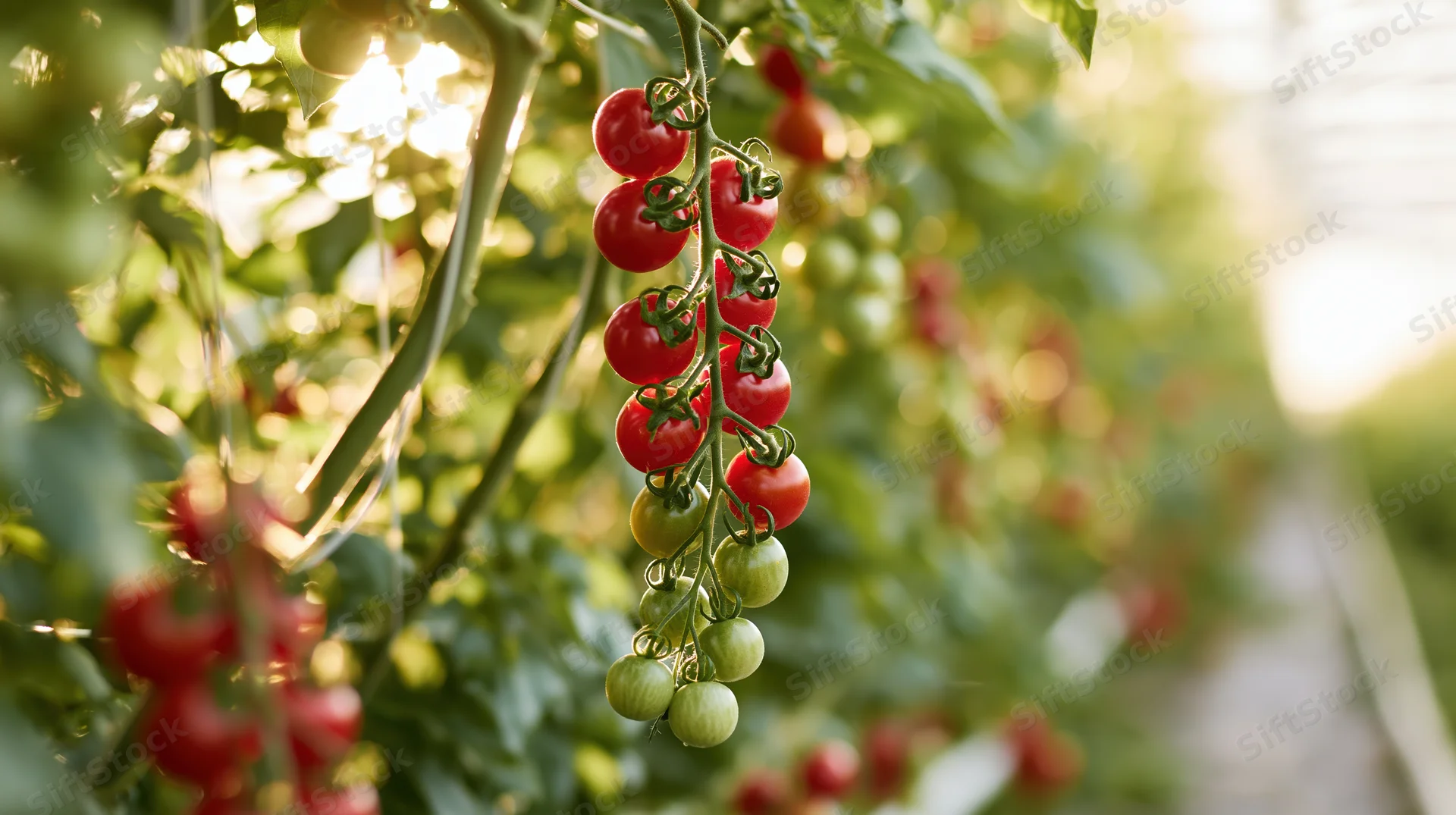 Cherry tomatoes ripening on vine in greenhouse with sunlight filtering through foliage